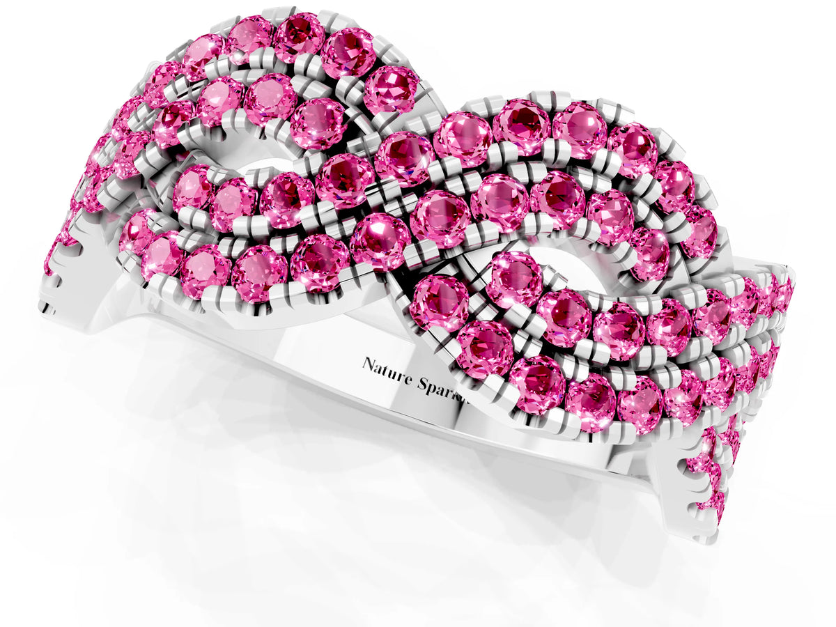 Pavé Round Pink Sapphire Infinity Twist Band in White gold with Shared Prong Setting_1
