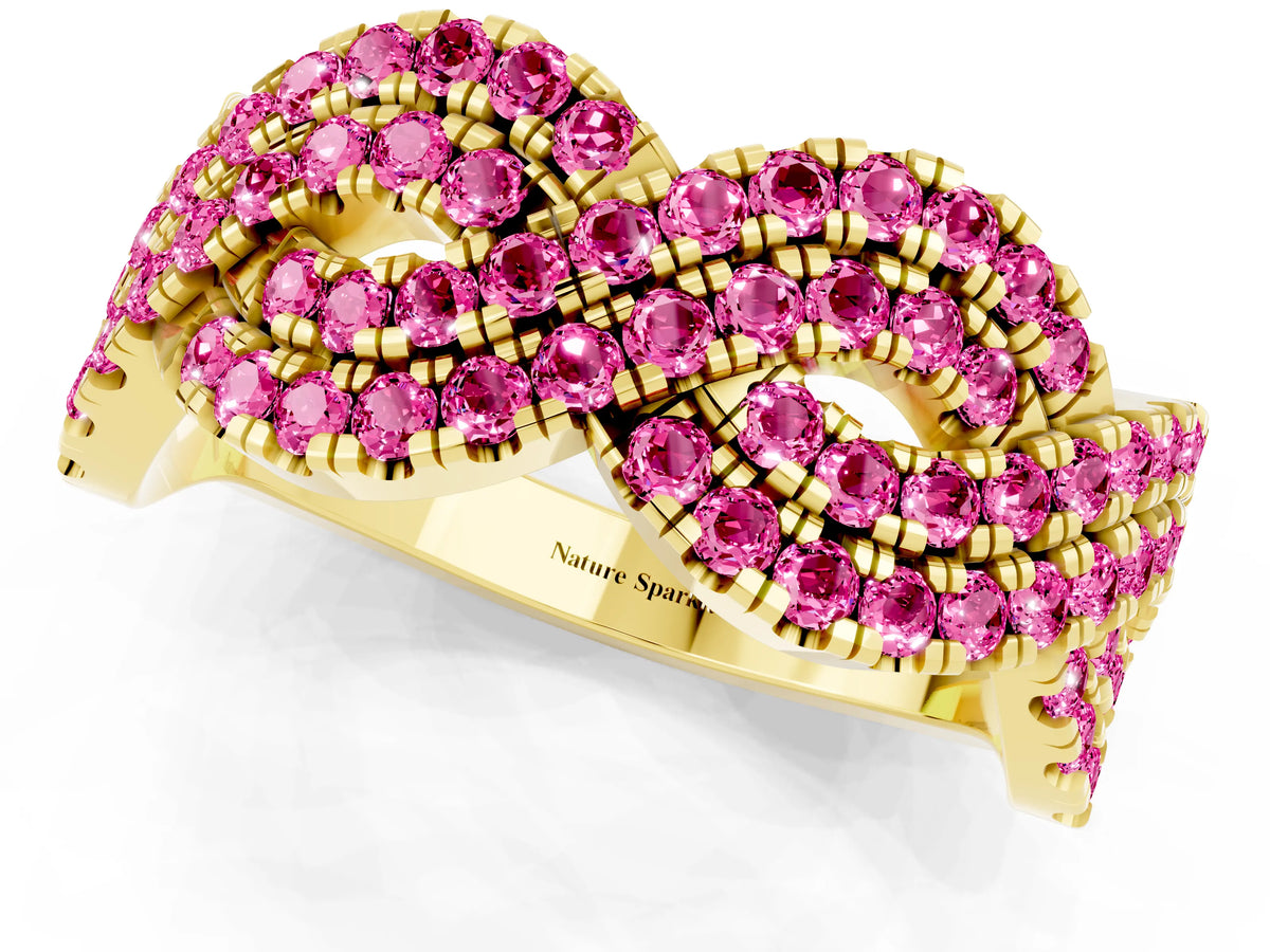 Pavé Round Pink Sapphire Infinity Twist Band in Yellow gold with Shared Prong Setting_1
