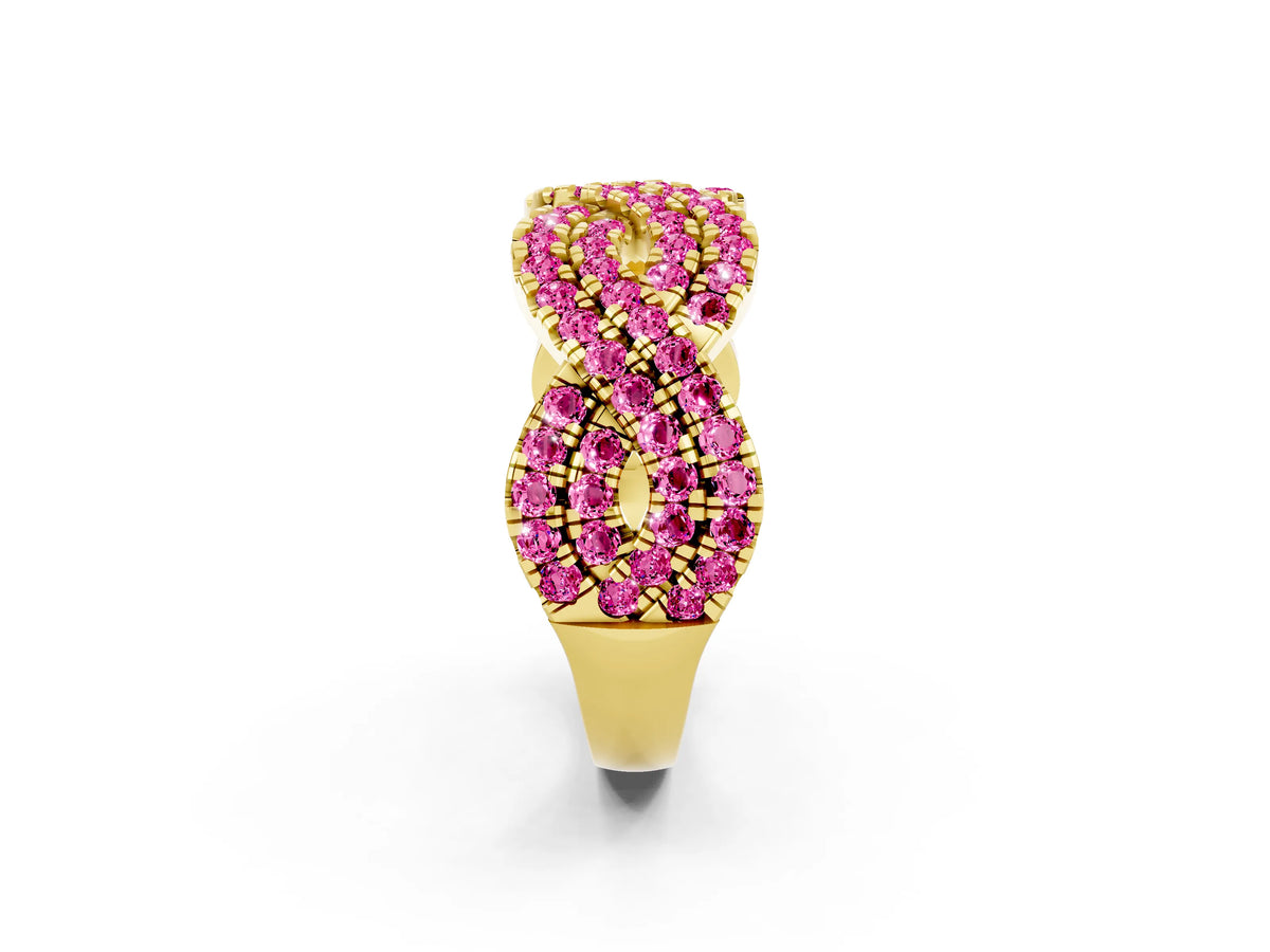 Pavé Round Pink Sapphire Infinity Twist Band in Yellow gold with Shared Prong Setting_2