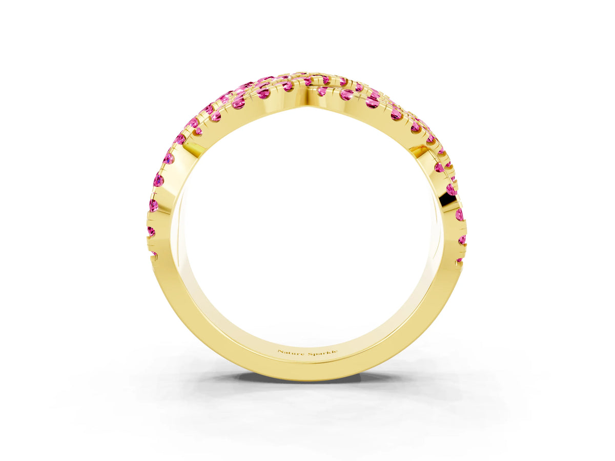Pavé Round Pink Sapphire Infinity Twist Band in Yellow gold with Shared Prong Setting_3