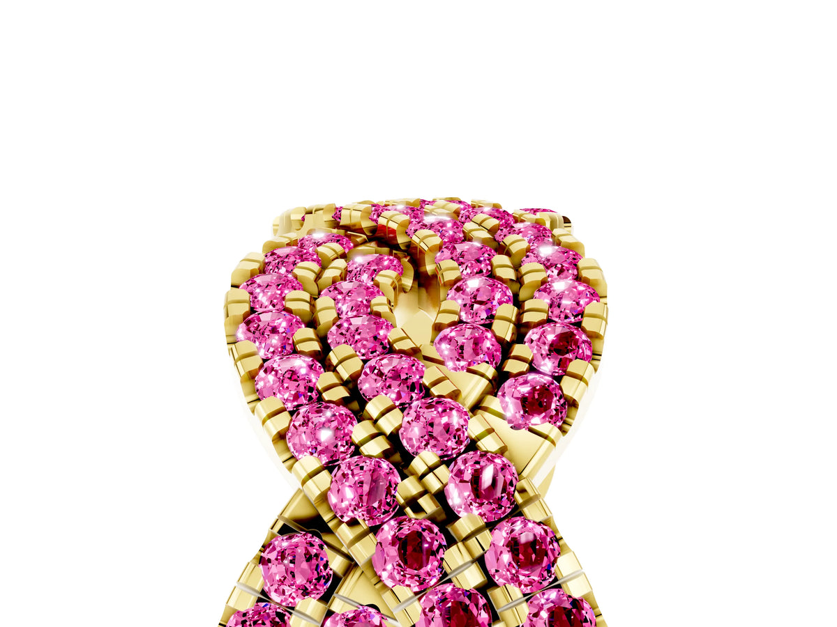 Pavé Round Pink Sapphire Infinity Twist Band in Yellow gold with Shared Prong Setting_5