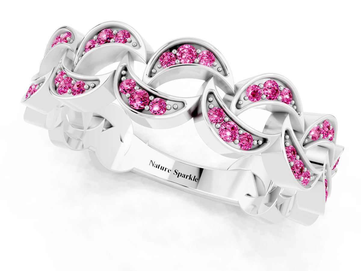 Pavé Round Pink Sapphire Interlocking Eternity Band in Silver with Bezel Prong Setting_1