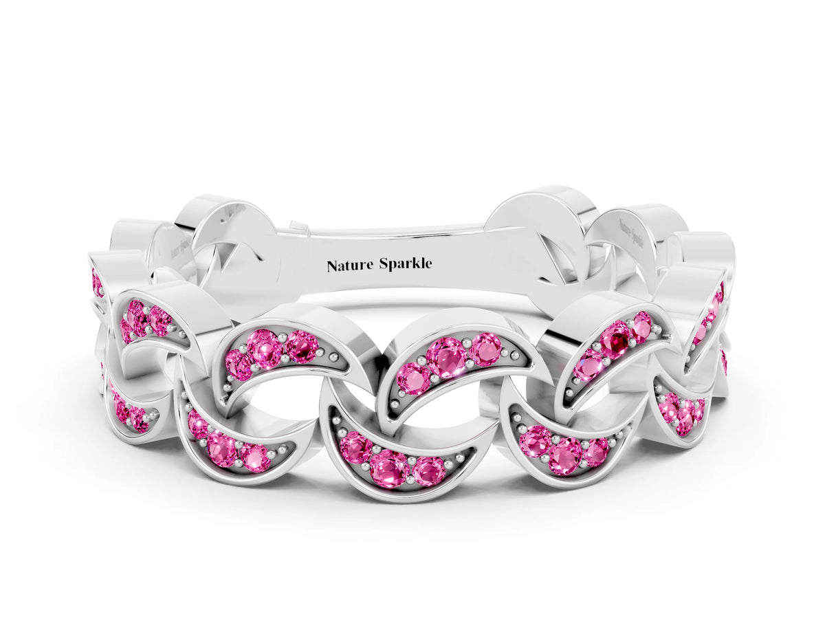 Pavé Round Pink Sapphire Interlocking Eternity Band in White gold with Bezel Prong Setting
