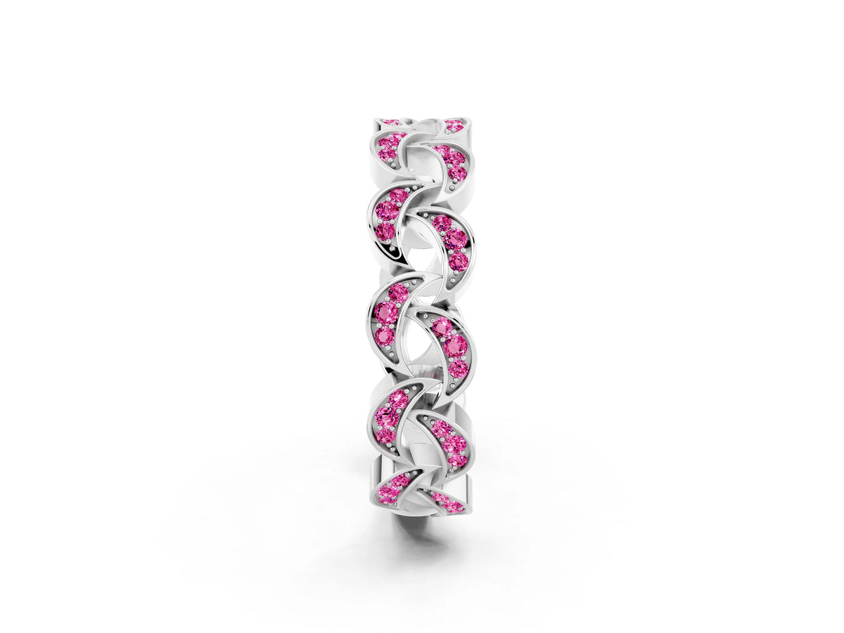 Pavé Round Pink Sapphire Interlocking Eternity Band in White gold with Bezel Prong Setting_2