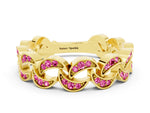 Pavé Round Pink Sapphire Interlocking Eternity Band in Yellow gold with Bezel Prong Setting