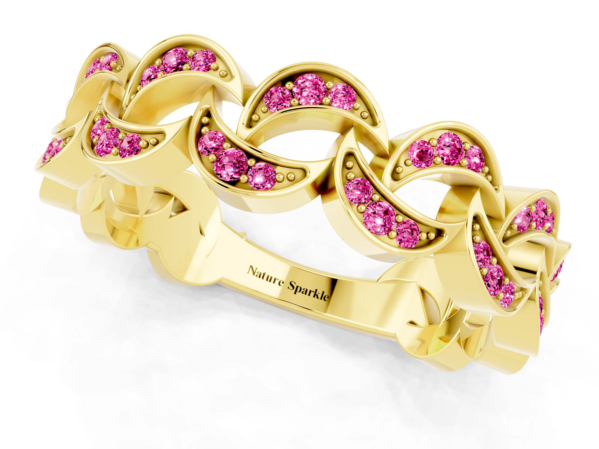Pavé Round Pink Sapphire Interlocking Eternity Band in Yellow gold with Bezel Prong Setting_1