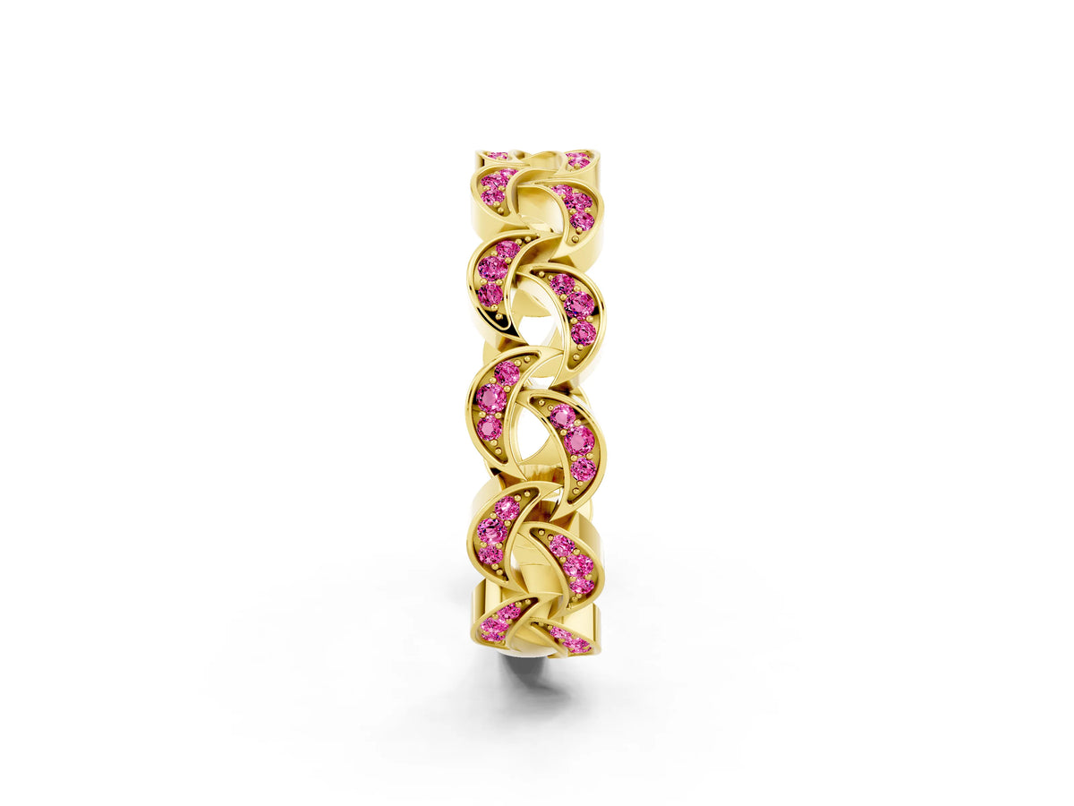 Pavé Round Pink Sapphire Interlocking Eternity Band in Yellow gold with Bezel Prong Setting_2