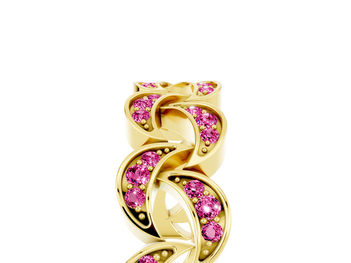 Pavé Round Pink Sapphire Interlocking Eternity Band in Yellow gold with Bezel Prong Setting_5
