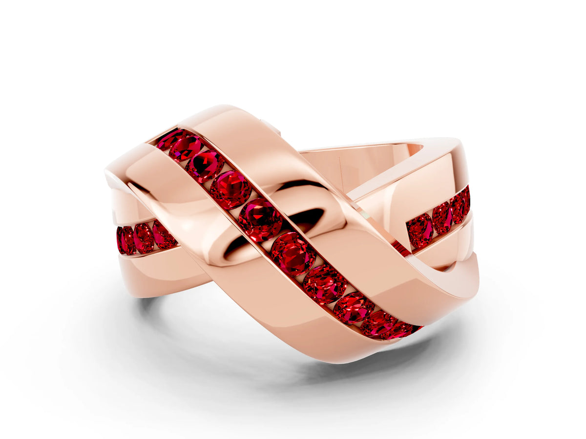 Pavé Round Ruby Crossover Band in Rose gold with Channel Setting