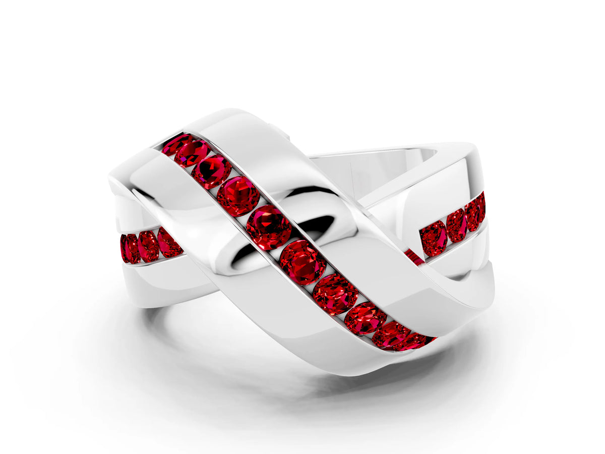 Pavé Round Ruby Crossover Band in White gold with Channel Setting