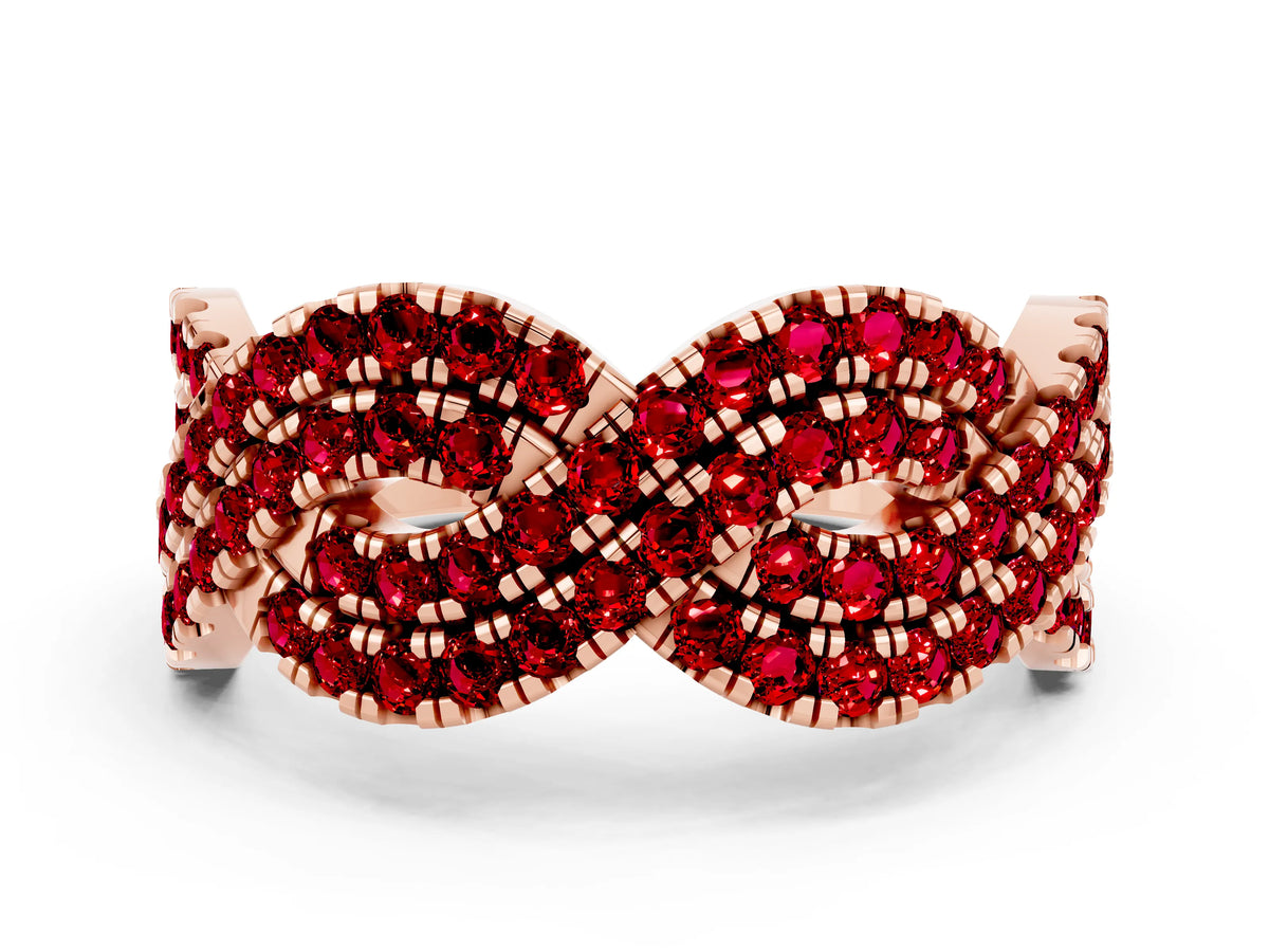 Pavé Round Ruby Infinity Twist Band in Rose gold with Shared Prong Setting