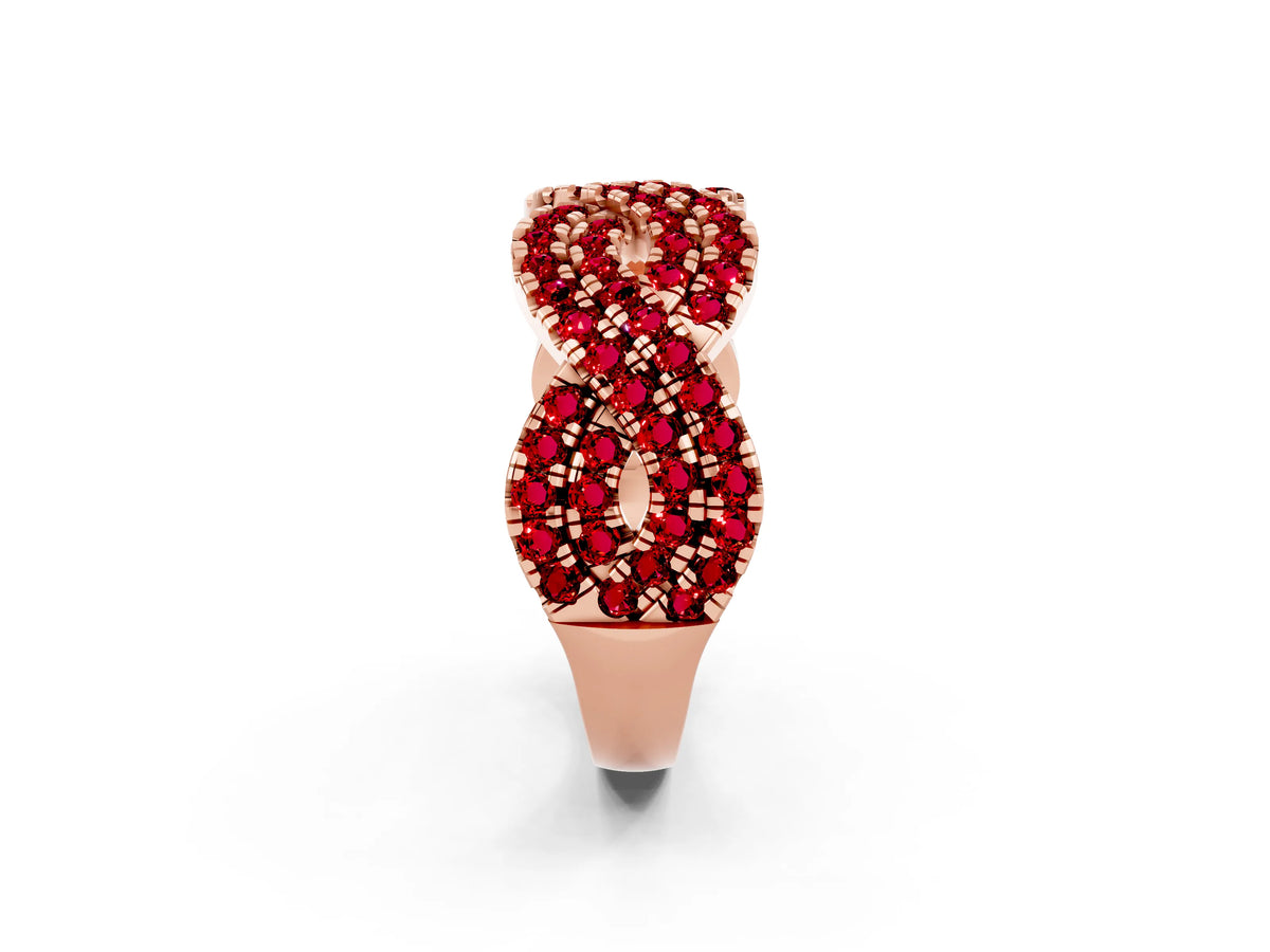 Pavé Round Ruby Infinity Twist Band in Rose gold with Shared Prong Setting_2
