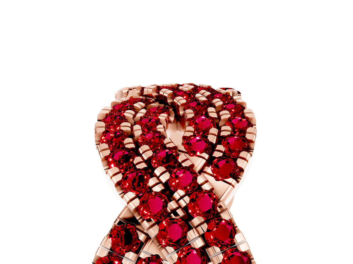 Pavé Round Ruby Infinity Twist Band in Rose gold with Shared Prong Setting_5