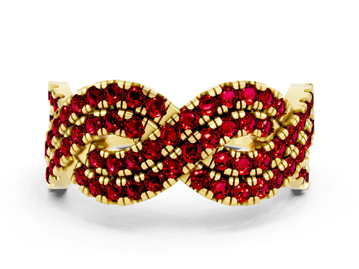 Pavé Round Ruby Infinity Twist Band in Yellow gold with Shared Prong Setting