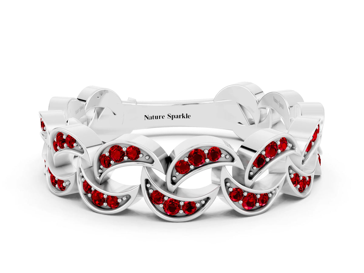 Pavé Round Ruby Interlocking Eternity Band in Platinum with Bezel Prong Setting
