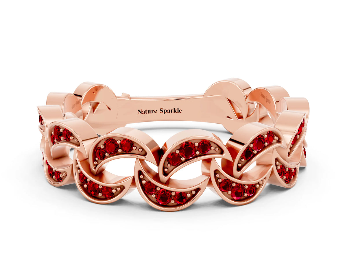 Pavé Round Ruby Interlocking Eternity Band in Rose gold with Bezel Prong Setting