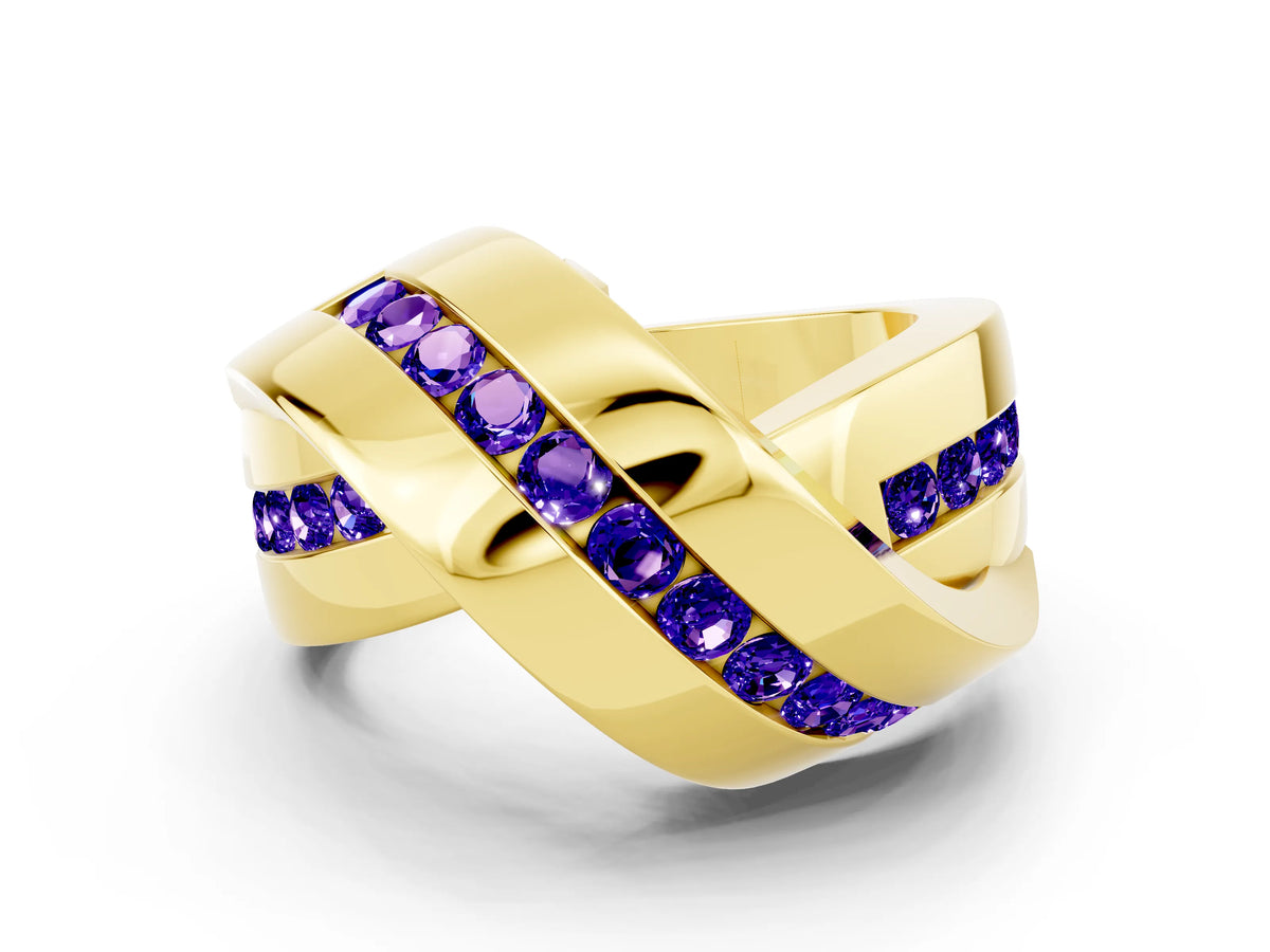 Pavé Round Tanzanite Crossover Band in Yellow gold with Channel Setting