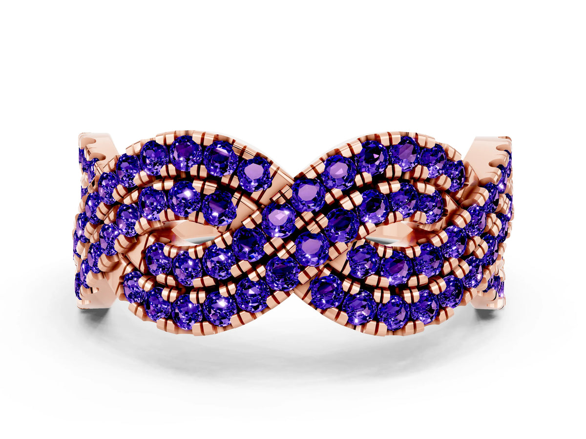 Pavé Round Tanzanite Infinity Twist Band in Rose gold with Shared Prong Setting