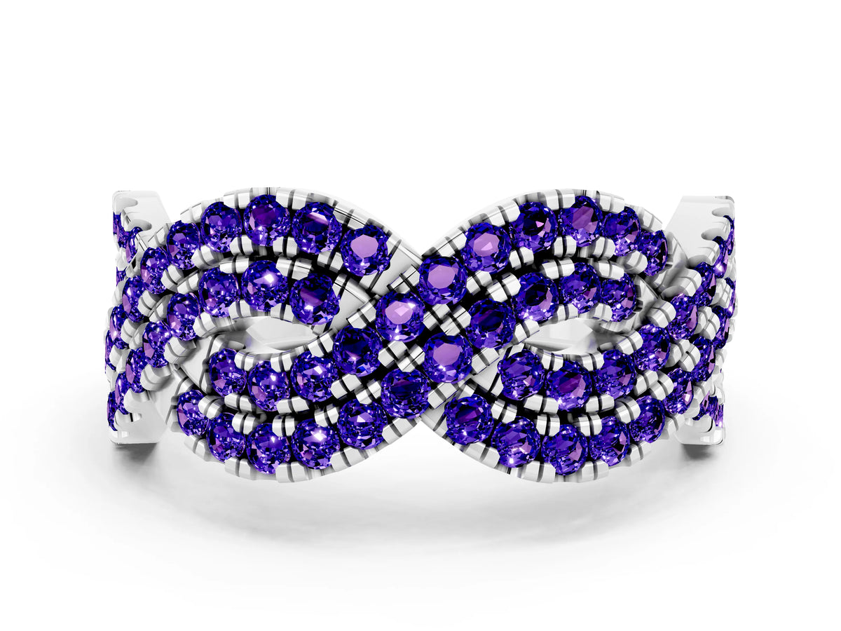 Pavé Round Tanzanite Infinity Twist Band in Silver with Shared Prong Setting