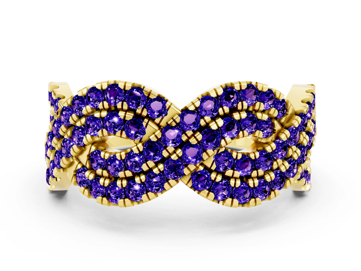 Pavé Round Tanzanite Infinity Twist Band in Yellow gold with Shared Prong Setting