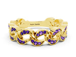 Pavé Round Tanzanite Interlocking Eternity Band in Yellow gold with Bezel Prong Setting