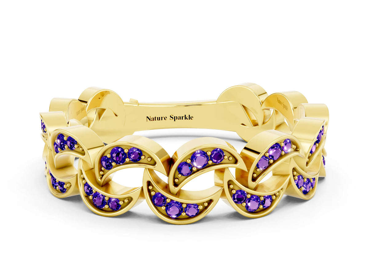 Pavé Round Tanzanite Interlocking Eternity Band in Yellow gold with Bezel Prong Setting