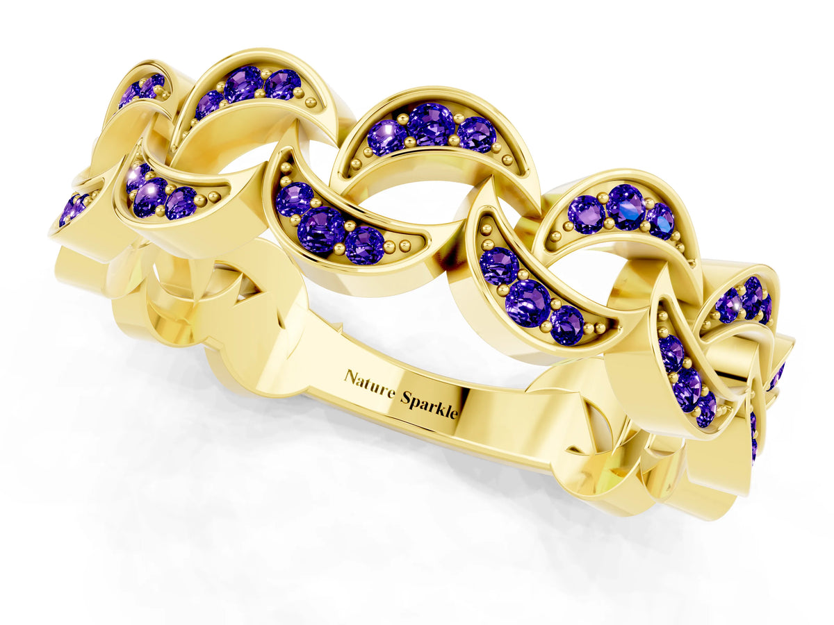 Pavé Round Tanzanite Interlocking Eternity Band in Yellow gold with Bezel Prong Setting_1