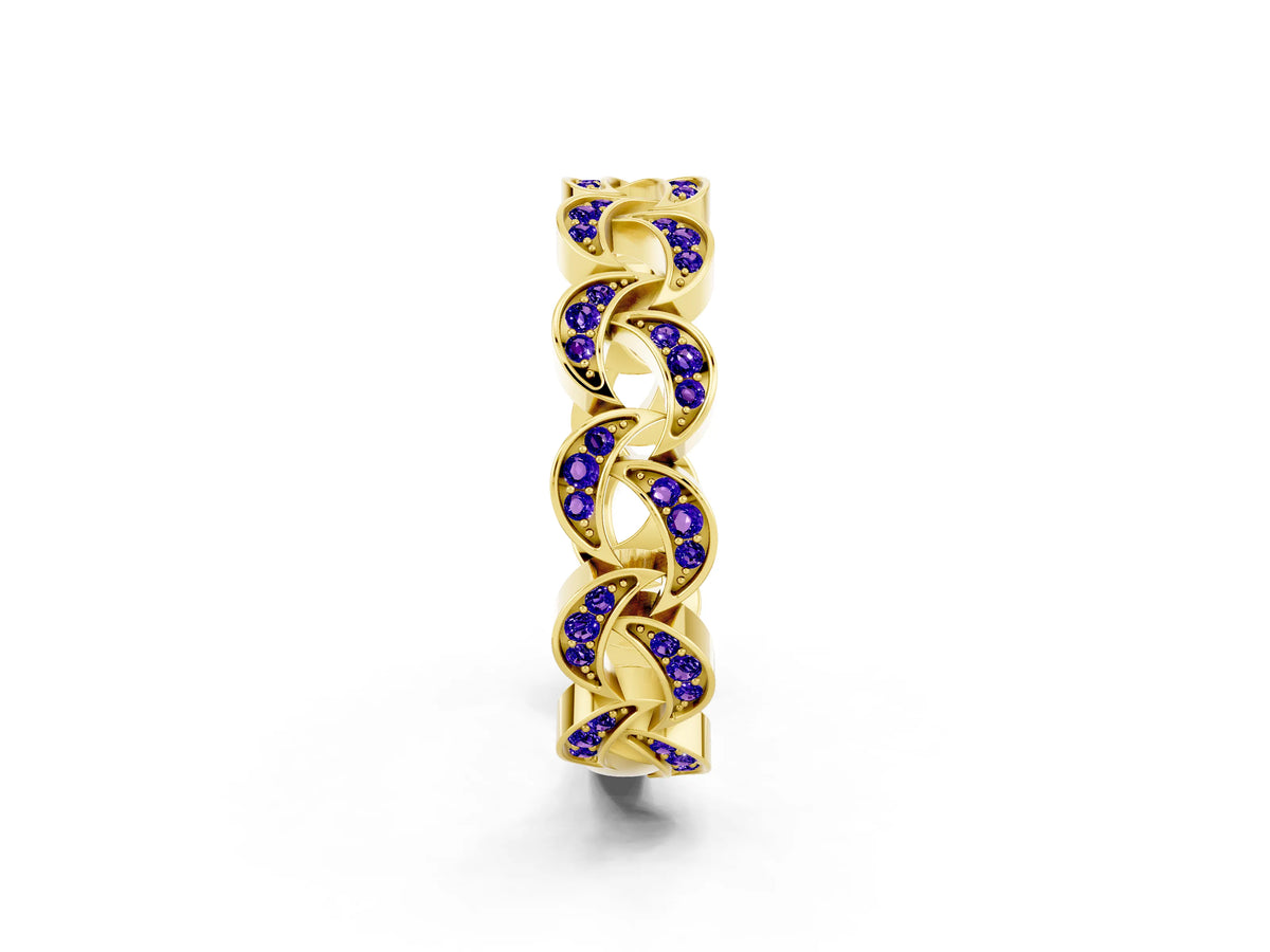 Pavé Round Tanzanite Interlocking Eternity Band in Yellow gold with Bezel Prong Setting_2