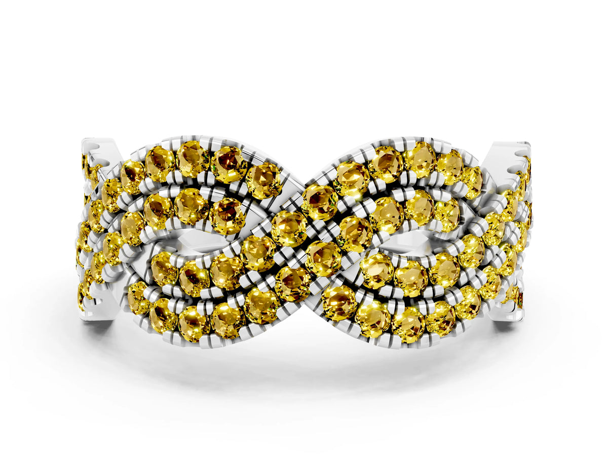 Pavé Round Yellow Sapphire Infinity Twist Band in White gold with Shared Prong Setting