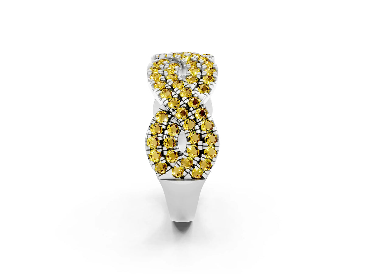 Pavé Round Yellow Sapphire Infinity Twist Band in White gold with Shared Prong Setting_2
