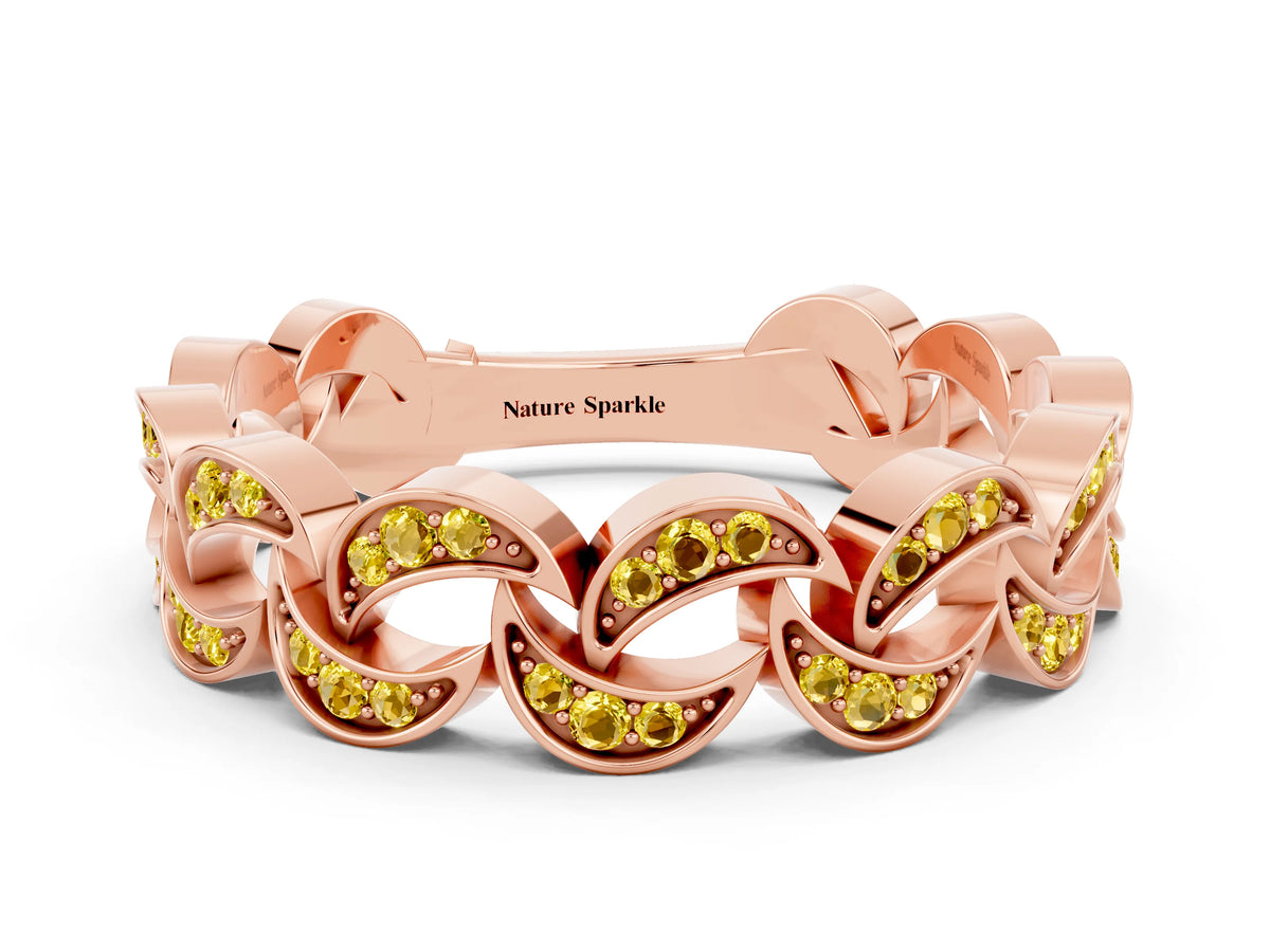 Pavé Round Yellow Sapphire Interlocking Eternity Band in Rose gold with Bezel Prong Setting