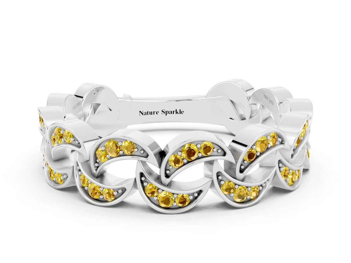 Pavé Round Yellow Sapphire Interlocking Eternity Band in White gold with Bezel Prong Setting