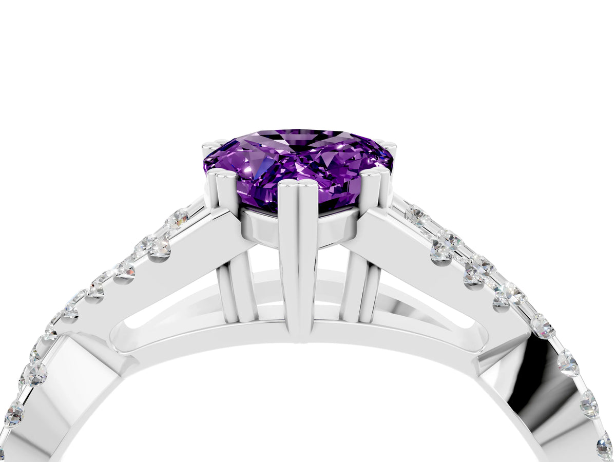 Pear Cut Amethyst Solitaire Ring in Platinum with Interwoven Pavé Band and Prong Setting_10