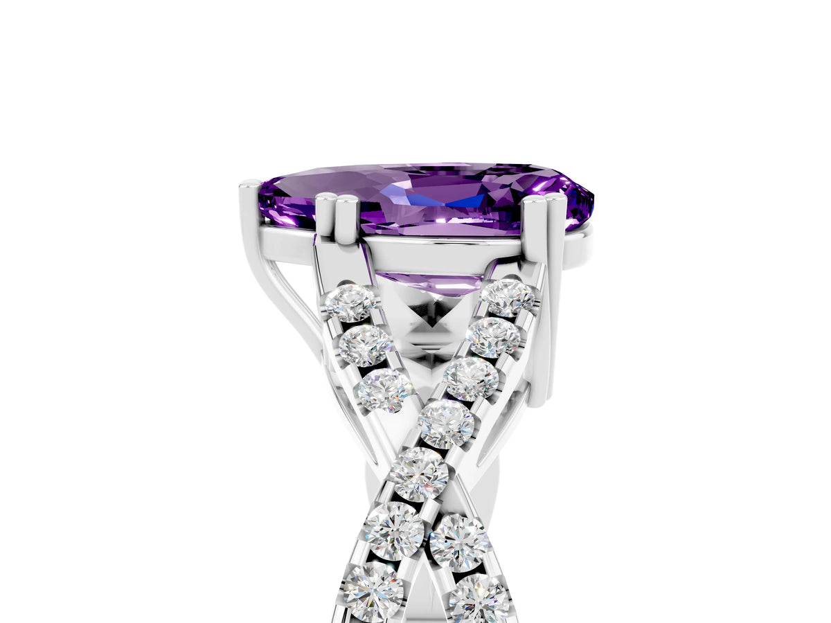 Pear Cut Amethyst Solitaire Ring in Platinum with Interwoven Pavé Band and Prong Setting_11