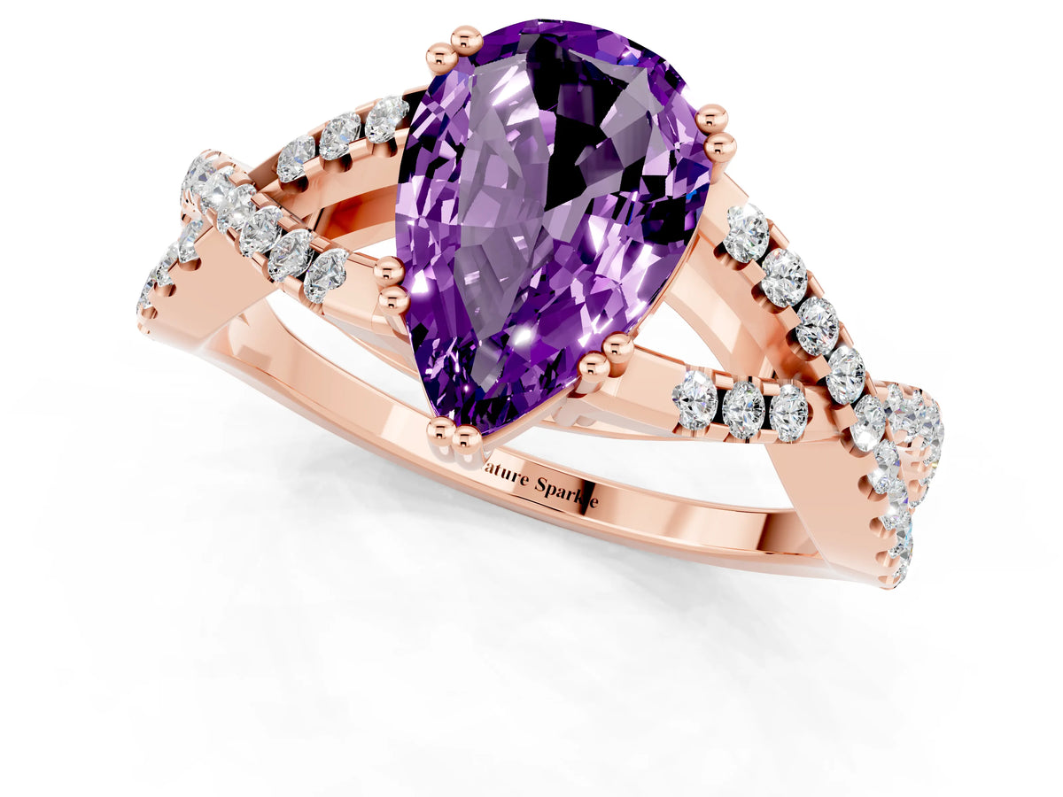 Pear Cut Amethyst Solitaire Ring in Rose gold with Interwoven Pavé Band and Prong Setting_1