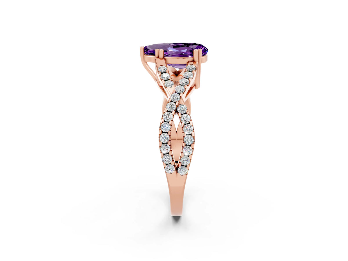 Pear Cut Amethyst Solitaire Ring in Rose gold with Interwoven Pavé Band and Prong Setting_2