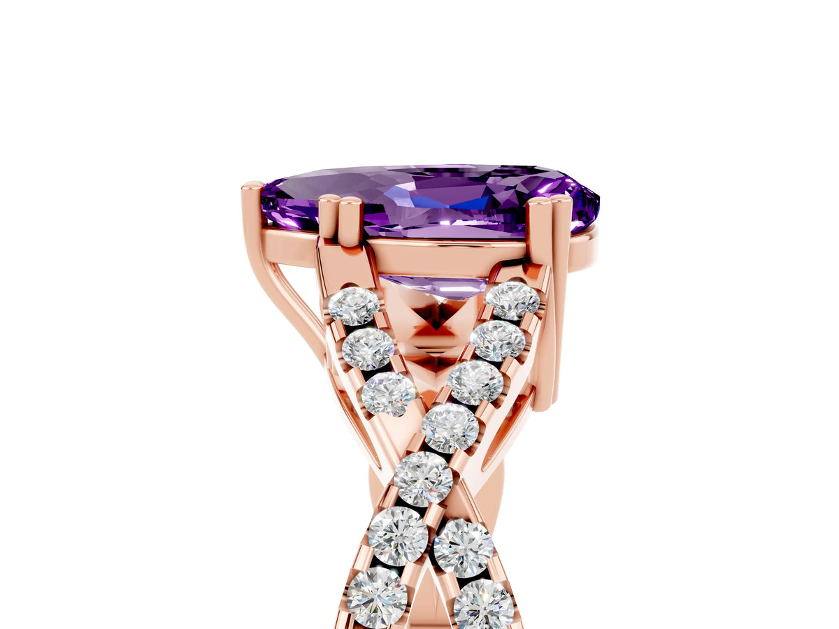 Pear Cut Amethyst Solitaire Ring in Rose gold with Interwoven Pavé Band and Prong Setting_5