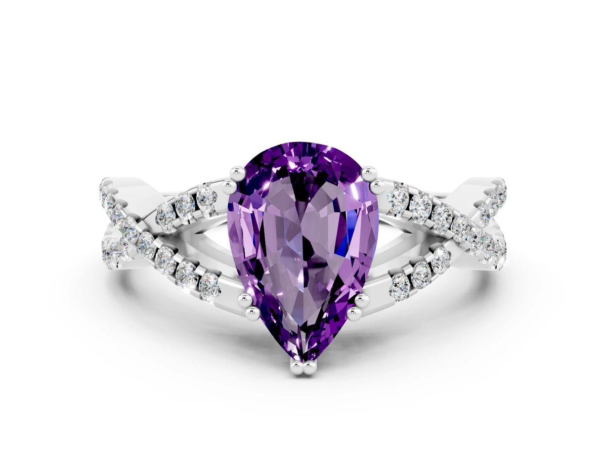 Pear Cut Amethyst Solitaire Ring in White gold with Interwoven Pavé Band and Prong Setting