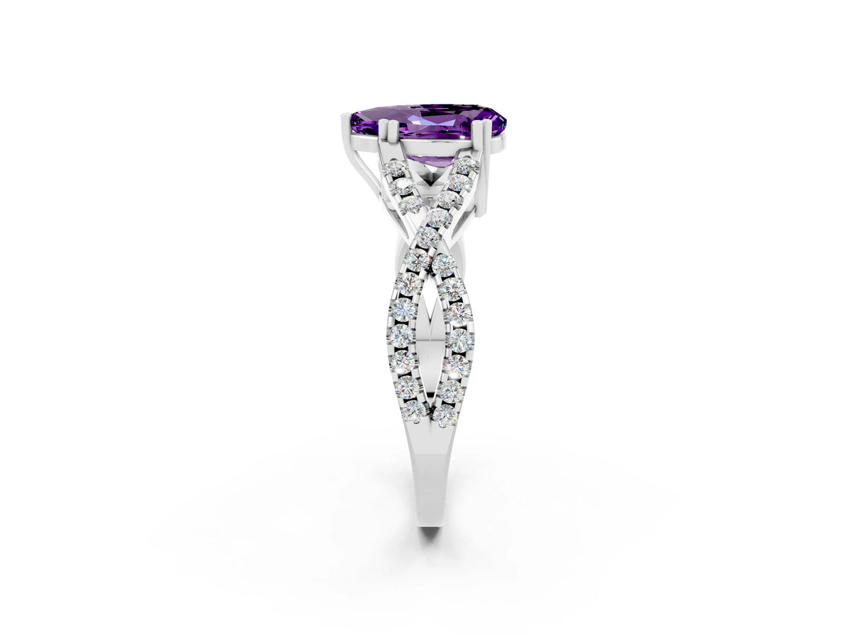 Pear Cut Amethyst Solitaire Ring in White gold with Interwoven Pavé Band and Prong Setting_2