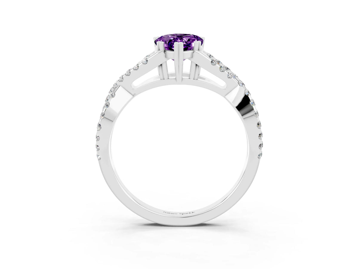 Pear Cut Amethyst Solitaire Ring in White gold with Interwoven Pavé Band and Prong Setting_3