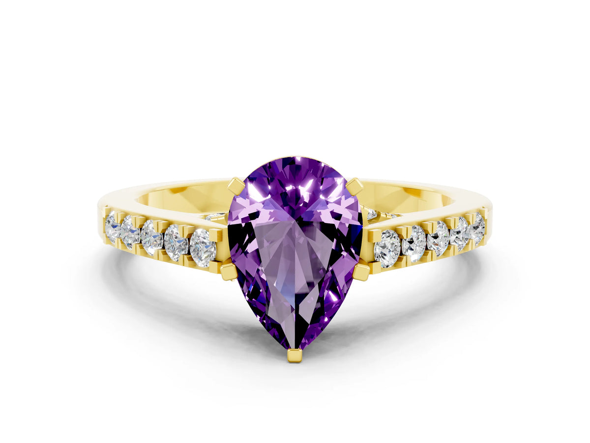 Pear Cut Amethyst Solitaire Ring in Yellow gold with Crossover Gallery and Round Pavé Band