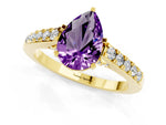 Pear Cut Amethyst Solitaire Ring in Yellow gold with Crossover Gallery and Round Pavé Band_1
