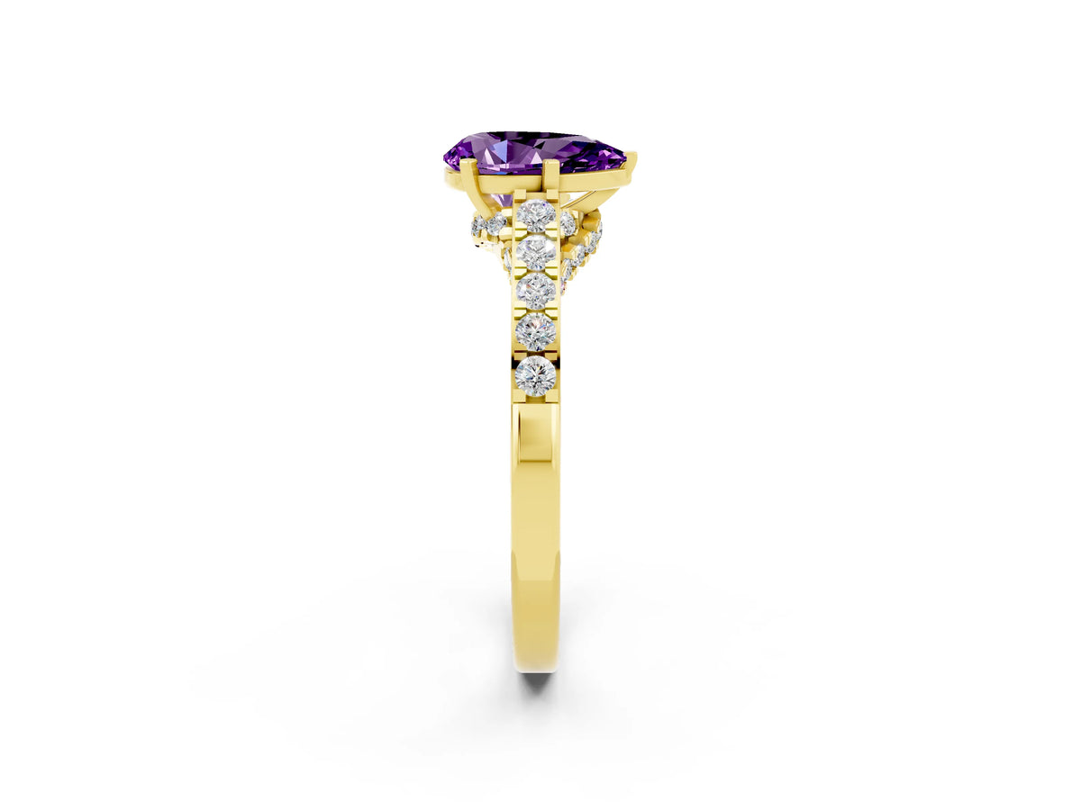 Pear Cut Amethyst Solitaire Ring in Yellow gold with Crossover Gallery and Round Pavé Band_2