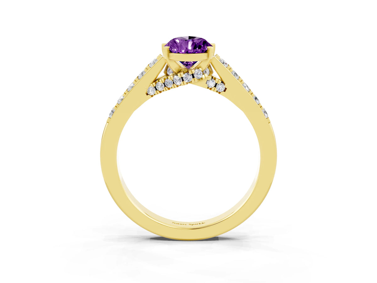 Pear Cut Amethyst Solitaire Ring in Yellow gold with Crossover Gallery and Round Pavé Band_3