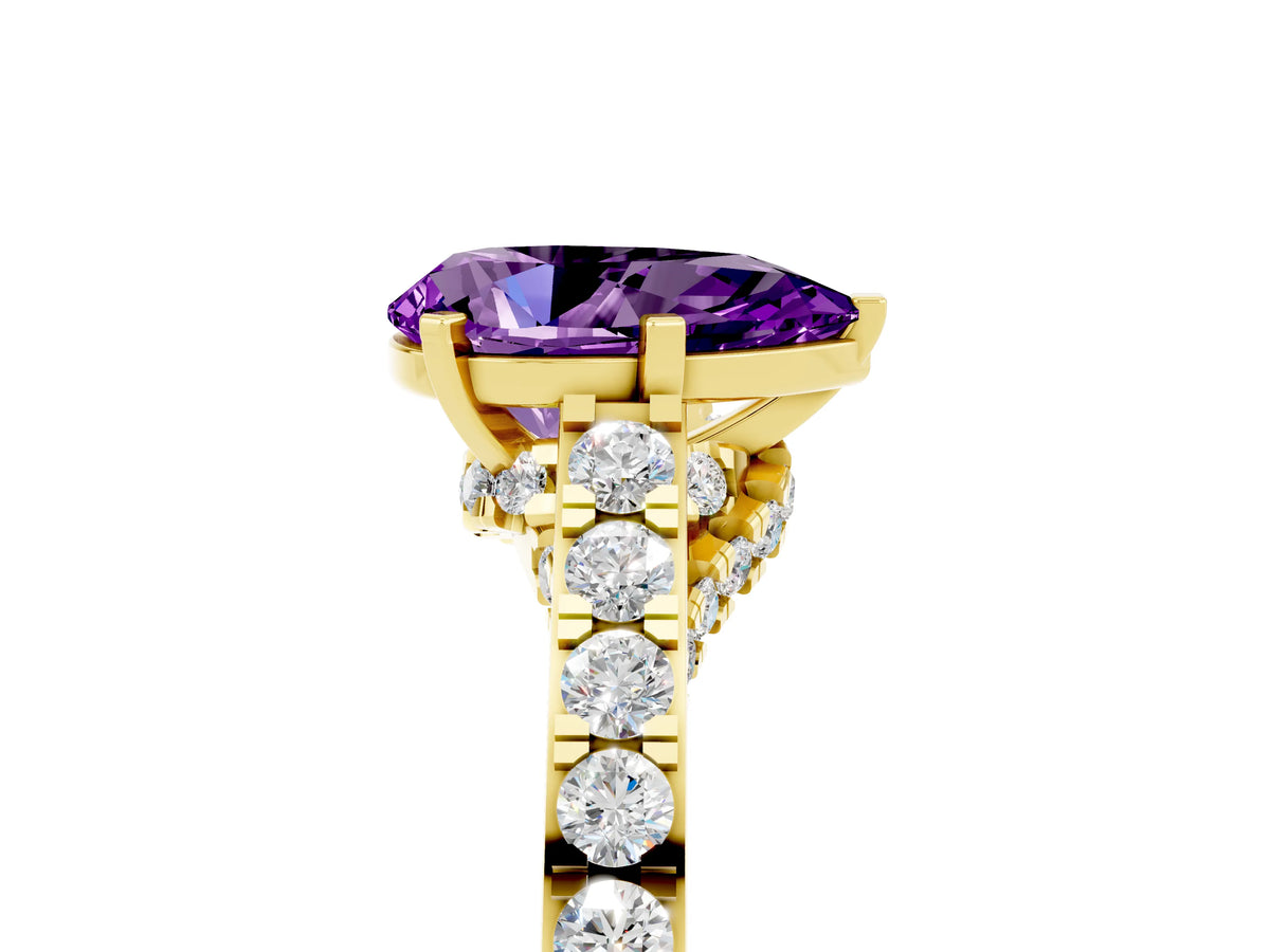 Pear Cut Amethyst Solitaire Ring in Yellow gold with Crossover Gallery and Round Pavé Band_5