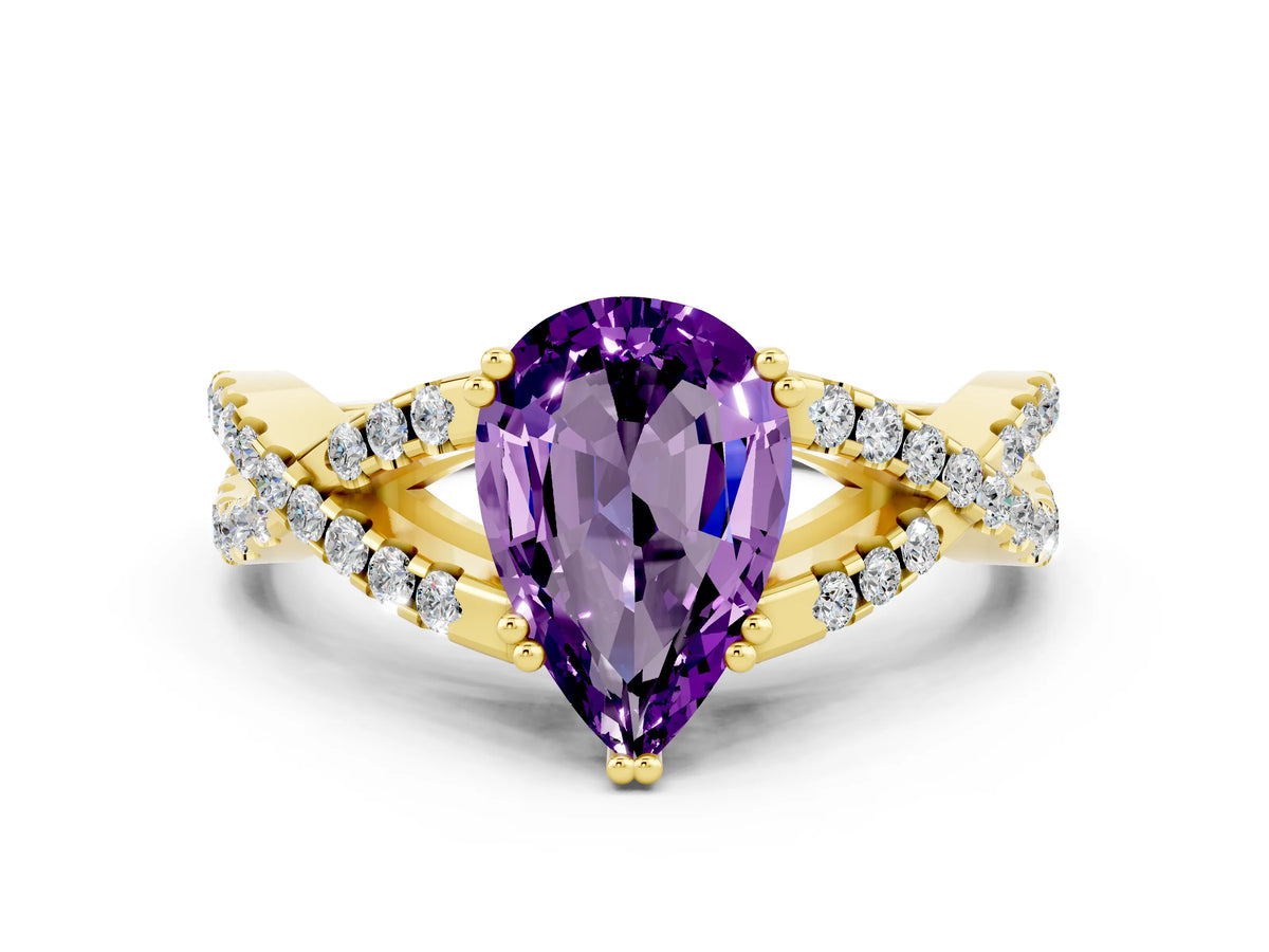 Pear Cut Amethyst Solitaire Ring in Yellow gold with Interwoven Pavé Band and Prong Setting
