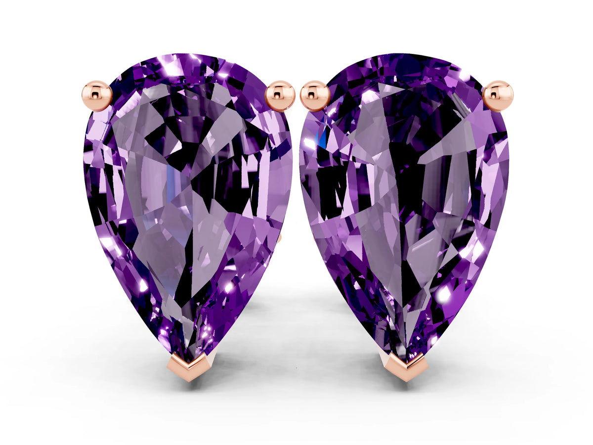 Pear Cut Amethyst Stud Earrings in Rose gold with Basket Setting