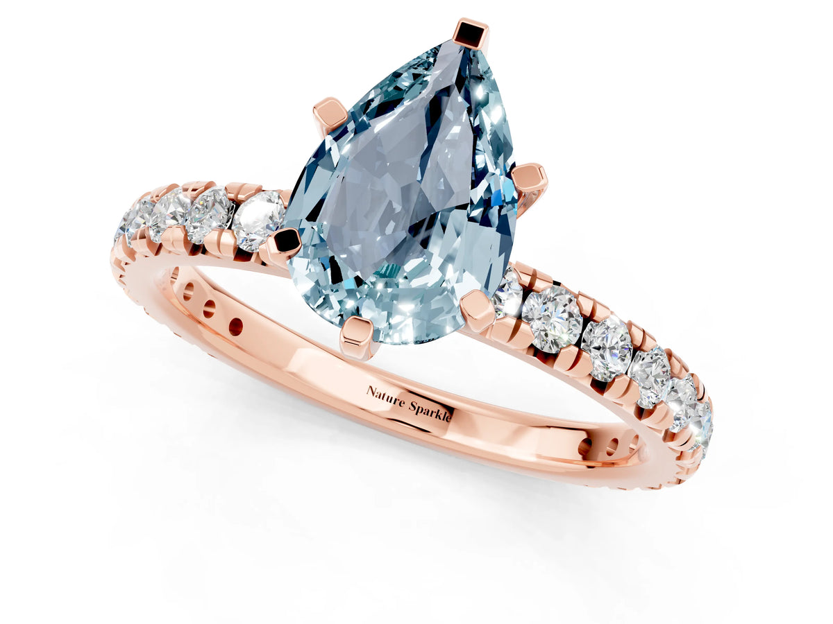 Pear Cut Aquamarine Pavé Solitaire Ring in Rose gold with Round Pavé Band and Prong Setting_1
