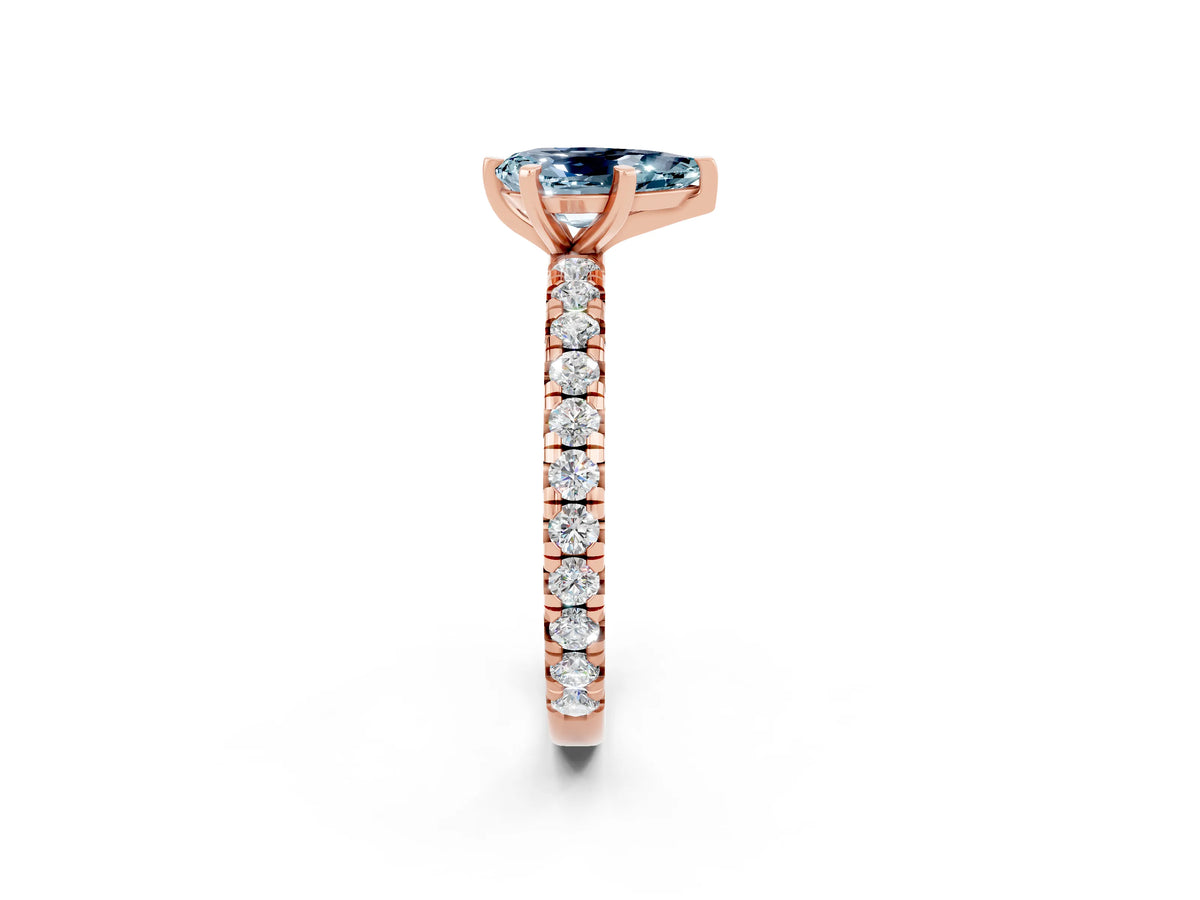 Pear Cut Aquamarine Pavé Solitaire Ring in Rose gold with Round Pavé Band and Prong Setting_2