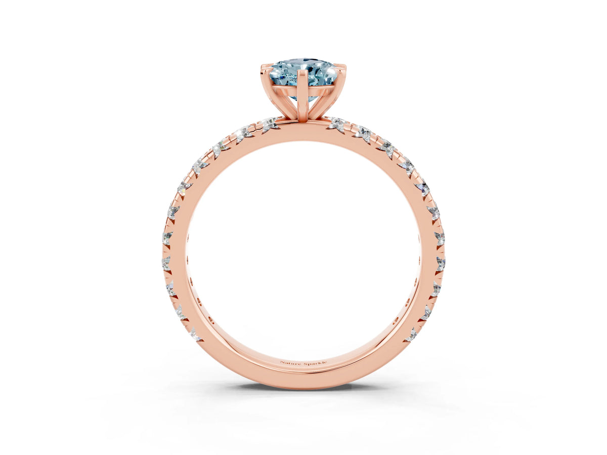 Pear Cut Aquamarine Pavé Solitaire Ring in Rose gold with Round Pavé Band and Prong Setting_3